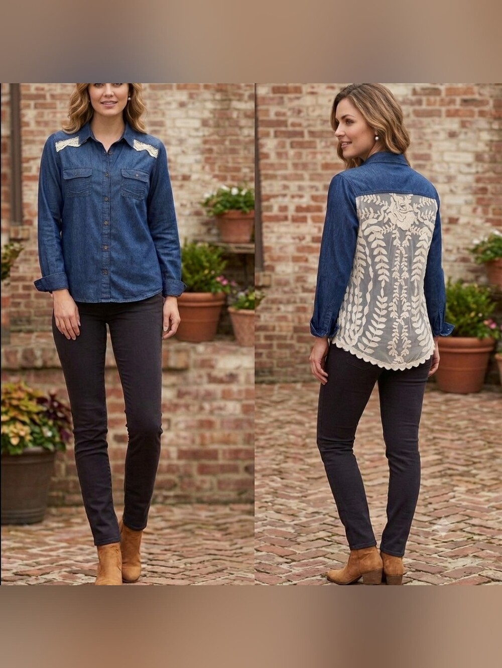 Xhilaration Women's Denim Chambray Crochet Lace Detail Shirt, Denim Blue, S/P,